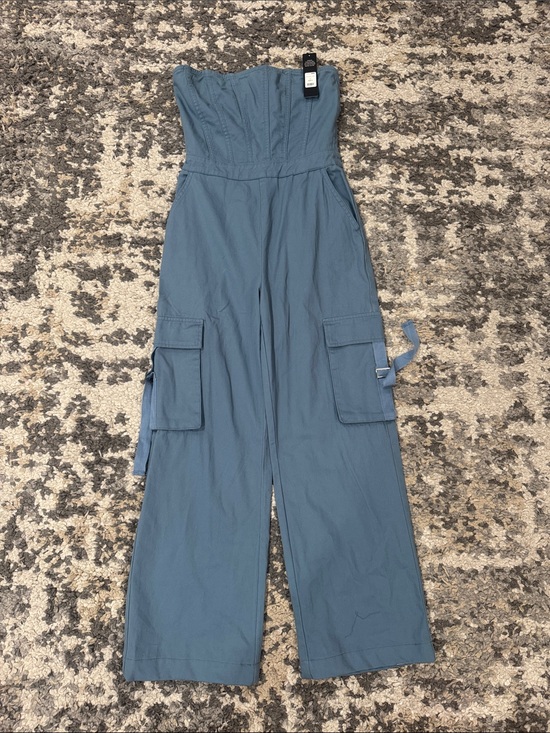 Fashion Nova Pants - Fashion Nova Strapless Wide-Leg Cargo Jumpsuit - Dusty Blue